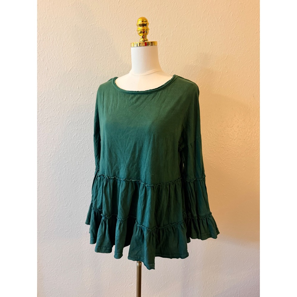 Indigo Thread Co Womens Top XL Green Ruffled Tiered Boho Peplum Cotton